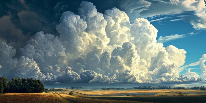 Cumulonimbus clouds towering over farmland create a stunning landscape. These cumulonimbus formations are known for their impressive vertical development, often exceeding fifteen kilometers high.