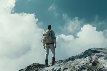 Fototapeta premium solitary figure stands atop rocky peak, gazing at vast clouds ab