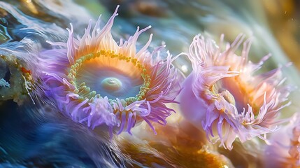 Anemones Swaying: Photograph anemones swaying in the current of a tidal pool, showcasing their vibrant colors and delicate tentacles