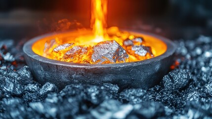 Dramatic casting of liquid aluminum into mold foundry workshop industrial scene