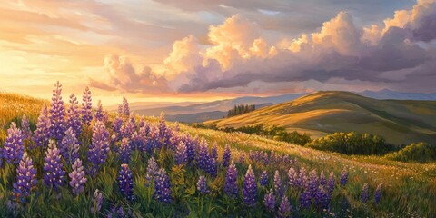 Fototapeta premium Summer sunset illuminates a hill adorned with vibrant lupines, set against a dramatic cloudy sky. This landscape showcases the beauty of lupines in a serene summer setting.