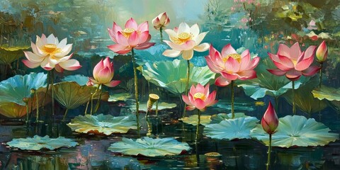 Stunning exotic lotus flowers elegantly flourish among serene lily pads, creating a picturesque scene of nature s beauty with exquisite exotic lotus flowers and their lush surroundings.