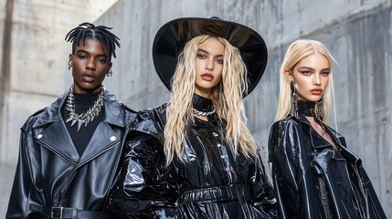 Obraz premium Edgy and Confident Fashion Models in Sleek Black Leather Outfits Posing on Urban Street