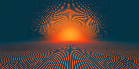 Abstract Sunset,  Digital Lines Converge on a Bright Horizon, Forming a Vivid and Dynamic Composition.