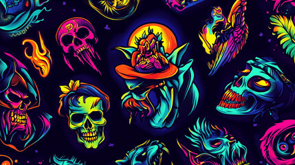 Neon colored pattern featuring skulls, flames, and abstract elements in a vibrant artistic design