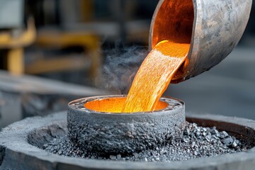 Close-up of molten copper casting industrial craftsmanship in foundry