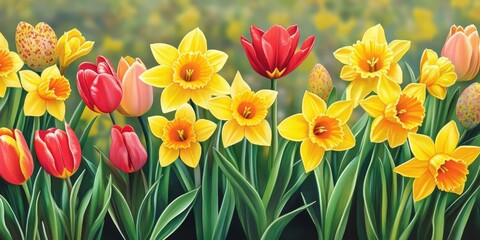 Obraz premium Easter card featuring vibrant daffodils and tulips, perfect for celebrating the joyful Easter season. This Easter card highlights beautiful daffodils and tulips to convey festive greetings.