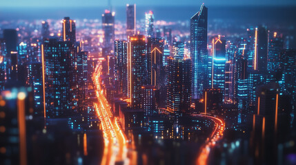 Fototapeta premium Smart digital Innovation city with connection network reciprocity over the cityscape. of future smart wireless digital city and social media networking systems that connects people with in city