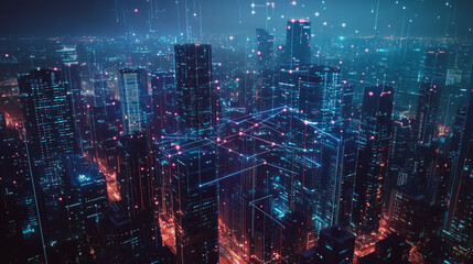 Smart digital Innovation city with connection network reciprocity over the cityscape. of future smart wireless digital city and social media networking systems that connects people with in city
