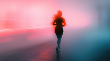 Blurry silhouette of running woman in vibrant pink and teal light.