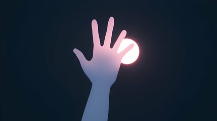 Hand Reaching for Celestial Light, A Dreamlike Scene of Hope and Aspiration, Reaching Towards the Illuminated Orb in the Night Sky.