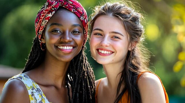 portrait of best friend of black girl and white girl smiling together in park on sunny day