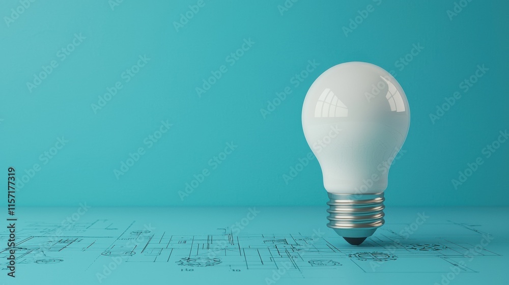 Poster light bulb standing on blueprint symbolizing innovation and creativity