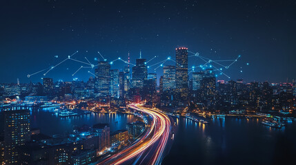 Obraz premium Smart digital Innovation city with connection network reciprocity over the cityscape. of future smart wireless digital city and social media networking systems that connects people with in city