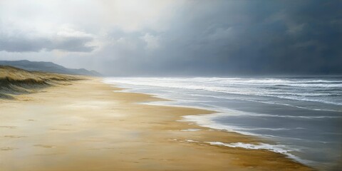 A winter day at the beach reveals a strikingly empty landscape, with expansive sandy shores creating a serene atmosphere accompanied by the soothing sounds of gentle waves at the beach.