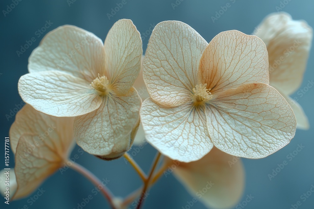 Poster close-up of two delicate pale flowers with intricate vein patterns set against a soft, muted backgro