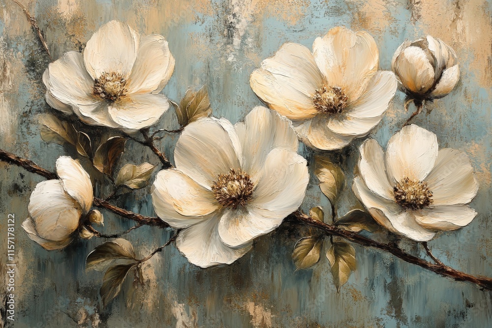 Aufkleber A stunning art piece illustrating beautiful blossoms on a textured canvas, highlighting the interplay of light and shadow to create depth and visual interest.