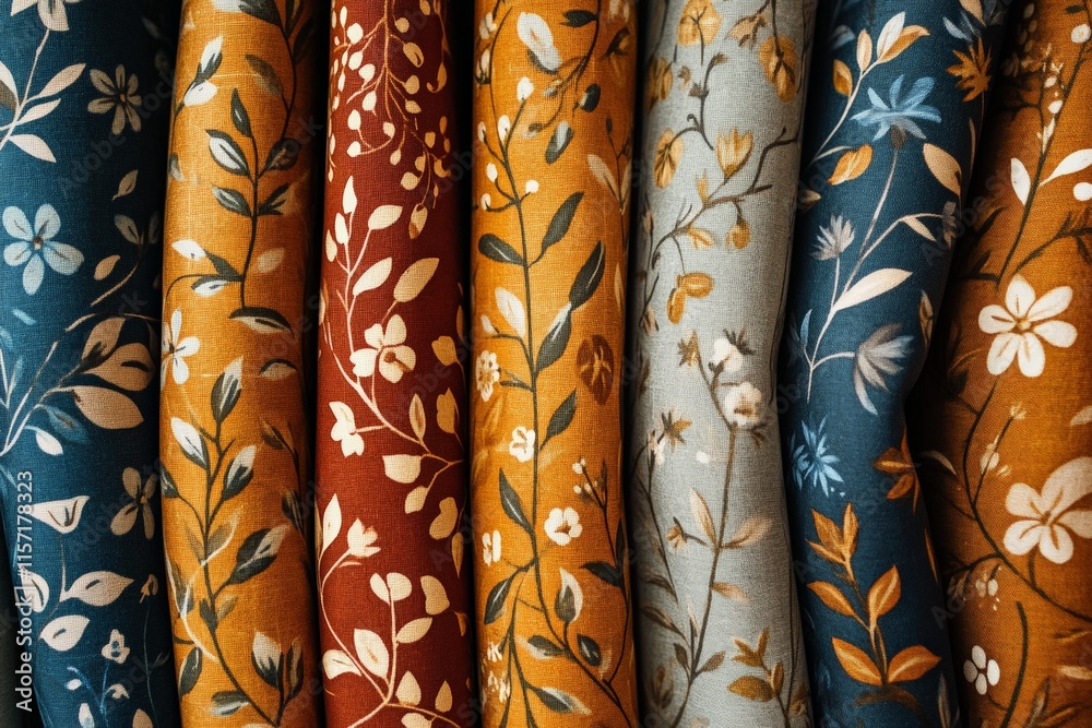 Poster A collection of fabric rolls, each displaying unique floral patterns in varying colors, displayed in a row to show diverse artistic textile design elements.