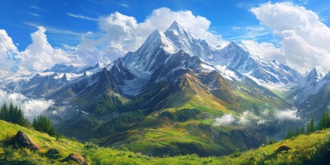 Fototapeta premium Stunning mountain panoramas showcase breathtaking views against a backdrop of sky and clouds, highlighting the beauty of mountainous landscapes in captivating scenes.