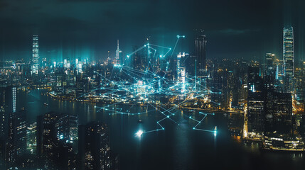 Fototapeta premium Smart digital Innovation city with connection network reciprocity over the cityscape. of future smart wireless digital city and social media networking systems that connects people with in city