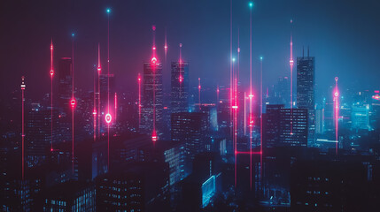 Obraz premium Smart digital Innovation city with connection network reciprocity over the cityscape. of future smart wireless digital city and social media networking systems that connects people with in city