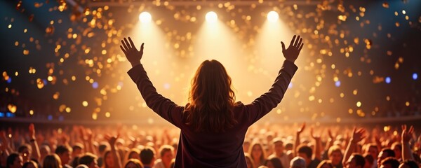 Motivational female speaker inspires large audience. Hands raised in enthusiasm. Golden confetti falls. Energetic event. Supportive atmosphere. Inspiring speech in convention hall. Success and unity.