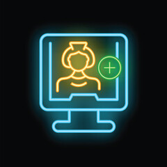 Neon icon of a nurse on a computer screen with a medical cross, representing online healthcare consultation
