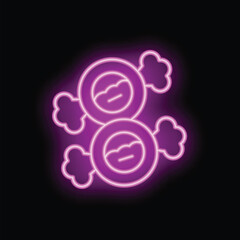Bright purple neon sign depicting two pieces of wrapped candy on a black background