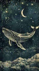 whale in night sky with stars in sky in vintage engraving style .