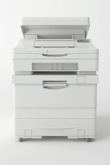 A white multifunction printer with a top scanning lid and paper drawers. isolated on white background