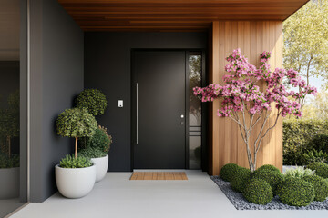Fototapeta premium Modern home entrance with door, wooden siding, decorative flowers, and outdoor rug