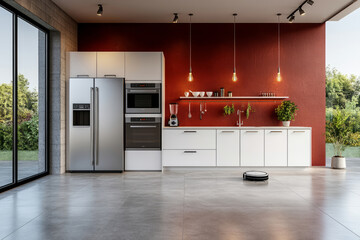 Minimalist kitchen with cabinets, built in appliances and a smart robot vacuum cleaning