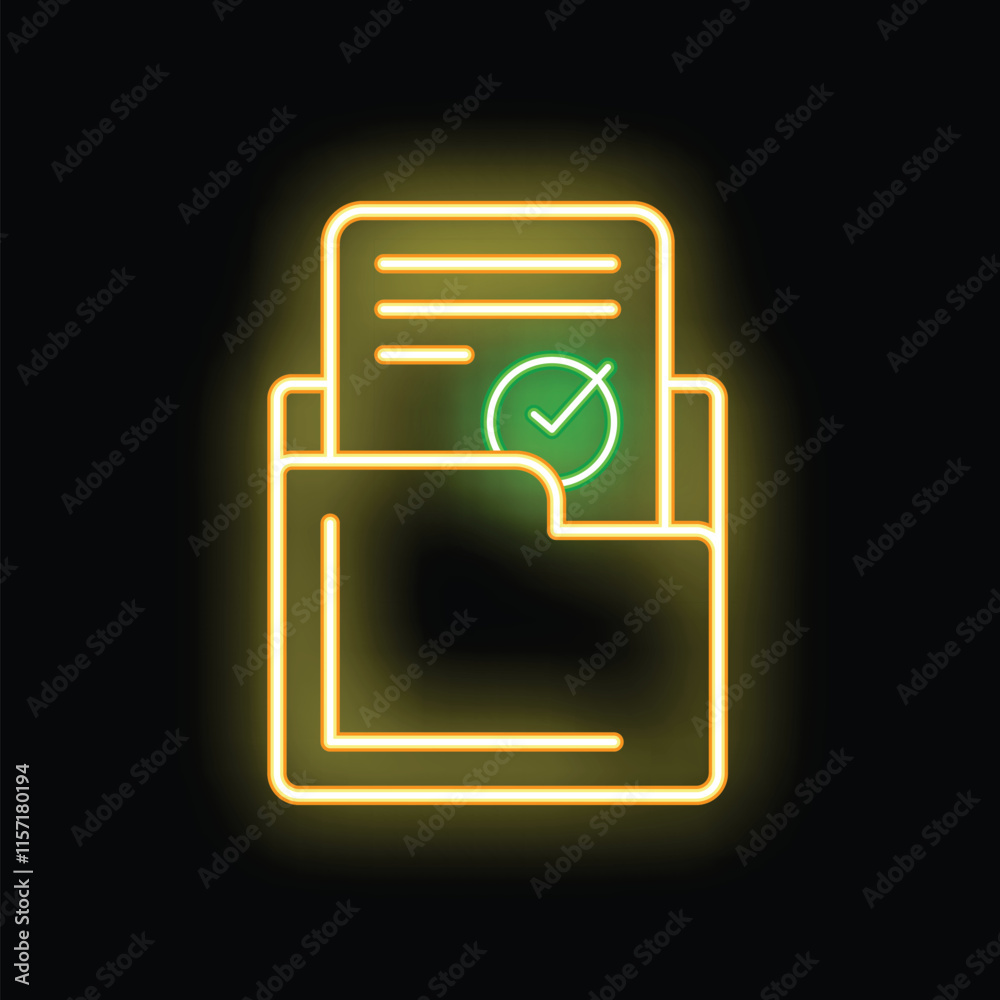 Poster glowing neon line icon of a document with a green check mark in a folder, symbolizing validation