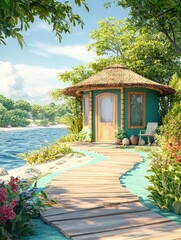 Cozy cottage by a serene river, surrounded by lush greenery and vibrant flowers.