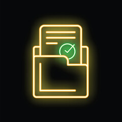 Glowing neon line icon of a document with a green check mark in a folder, symbolizing validation
