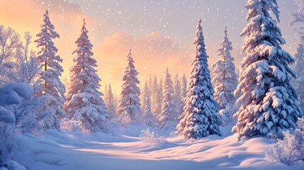 Naklejka premium Christmas Winter Scene with Snow-Covered Fir Trees and Sparkling Snowdrifts