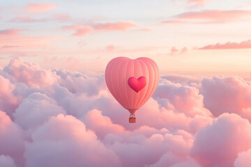 Obraz premium Pink heart shaped hot air balloon soaring above clouds