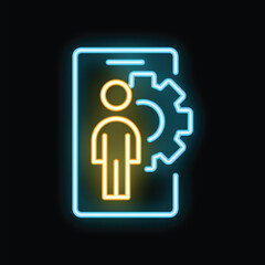 Neon sign of a smartphone with a stylized person and a gear, representing app development
