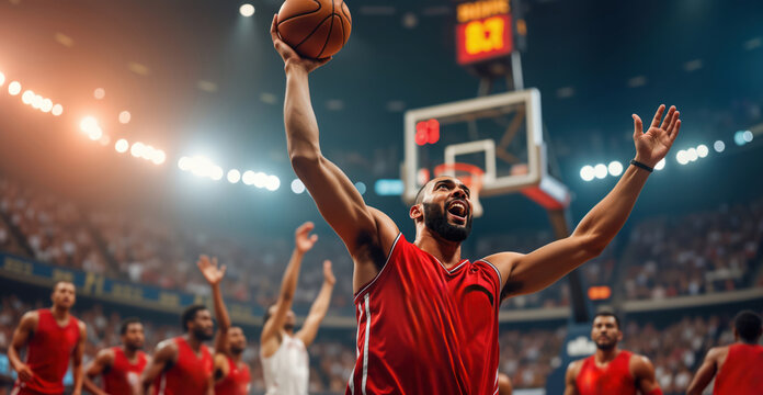 Excited basketball player scores winning point in arena. Celebrates with arms up in front of cheering crowd. Intense match, triumph, sportsmanship. Players in red jerseys compete with passion. - Powered by Adobe