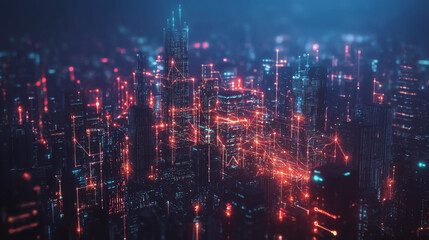 Fototapeta premium Smart digital Innovation city with connection network reciprocity over the cityscape. of future smart wireless digital city and social media networking systems that connects people with in city