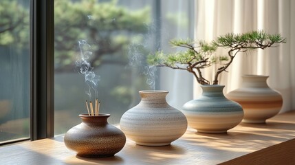 Incense burning in ceramic vase on window sill with bonsai.