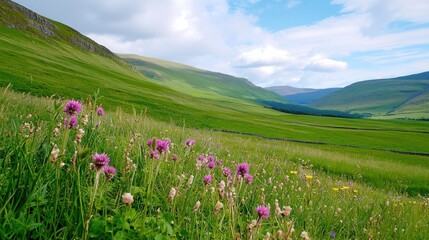 Obraz premium Lush Green Meadow with Vibrant Purple Wildflowers and Majestic Mountain Backdrop