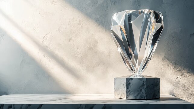 Crystal-like geometric trophy on a marble base with a textured background