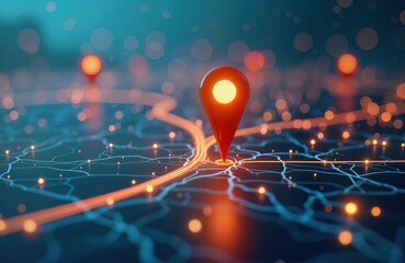 Digital map shows glowing route paths, location points. AI tech innovation in GPS highlighted. Future transport logistics concept with new location, address changes. Smart navigation, tracking,