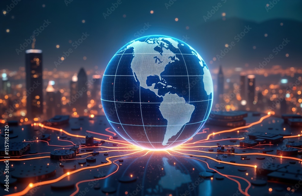 Poster global digital tech innovation concept. world globe in 5g tech network. futuristic cityscape backgro