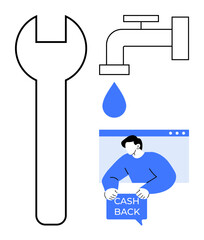 A wrench, a faucet with a droplet, and a man holding a cashback sign. Ideal for maintenance, plumbing services, cost-saving, repairs, promotional deals. Simplistic, modern, clean