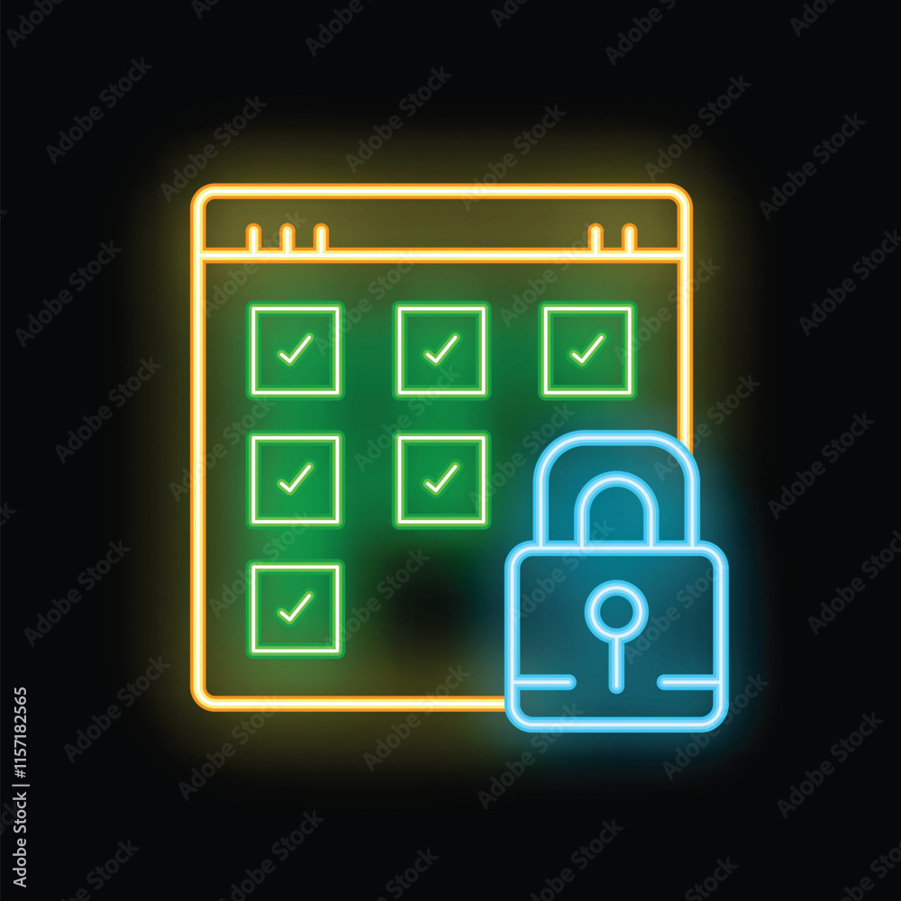 Poster bright neon icon of a secure website with check marks and a padlock glowing on a dark background