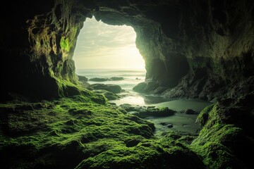 A cave opens to the ocean, with sunlight filtering through the entrance, highlighting the lush green moss and vegetation covering the cave walls.