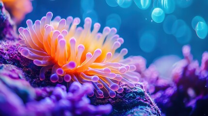 A close-up of an orange and purple coral on the bottom, a glowing sea anemone in an aquarium with blue water