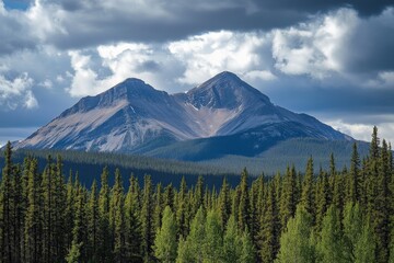 A majestic mountain landscape stretches toward the cloudy sky, offering a stunning view of rugged peaks and dense trees. Nature's grandeur is captured beautifully.